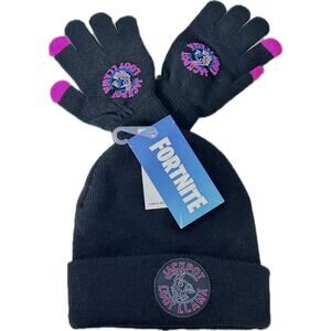 Fortnight Jackpot Loot Llama Beanie Hat and Gloves Set Black and Pink NEW